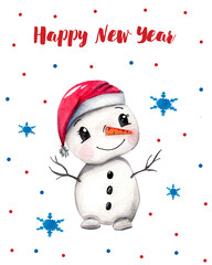 Watercolor new year card cute snowman. Happy new year