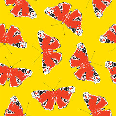 Beautiful seamless pattern with red peacock eye butterflies on a yellow backdrop. Summer vector background with stylized bright butterflies. Suitable for Wallpaper, wrapping paper or fabric