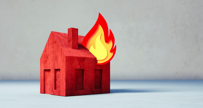 Toy house with fire symbol - insurance concept - 3D illustration	