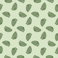 Hawaii seamless pattern with pale green geometric style fern leaf ornament. Pastel grey background.