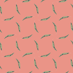 Hand drawn seamless pattern with geometric style little grey palm foliage print. Pink background.