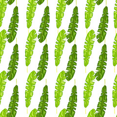 Seamless pattern with green tropic leaf silhouettes.