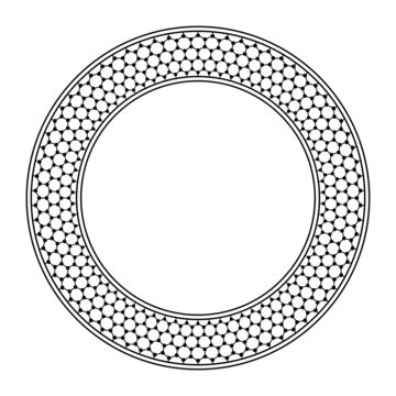 Circle frame with graphene pattern. Border, framed with circles, with a seamless schematic molecular graphene structure, carbon atoms, arranged in two-dimensional honeycomb lattice and hexagonal grid.
