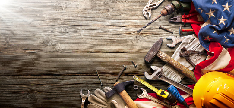 Labor Day - National Holiday - Construction Tools And Usa Flag On Wood Background