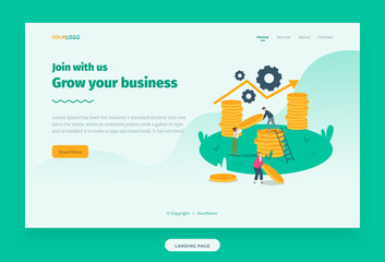 Web Illustration Template, Grow Business with statistics illustration, character, coin dollar, for business infographic illustration template etc