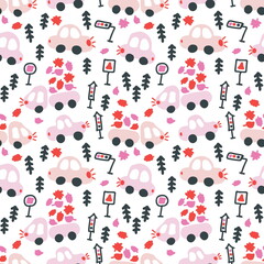 Hand drawn seamless pattern of trucks carrying leaves. Perfect for T-shirt, textile and prints. Doodle style illustration for decor and design.