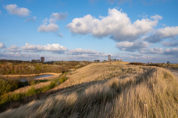 Dunes and view on Vlissingen city with sandy beach on sunset