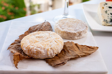 Cheese collection, semi-hard French blue cheese roquefort from Roquefort-sur-Soulzon, France served with sweet cold white french wine