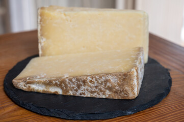 Cheese collection, hard French cheese old cantal made from raw cow milk with rind