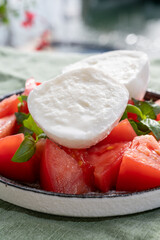 Cheese collection, fresh Italian soft cheese mozzarella di bufal campana served with fresh basil and tomatoes