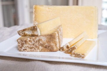 Cheese collection, hard French cheese old cantal made from raw cow milk with rind
