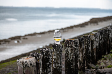 Tasting of dram single malt scotch whisky on seashore in Scotland, old wooden pole with whisky glass