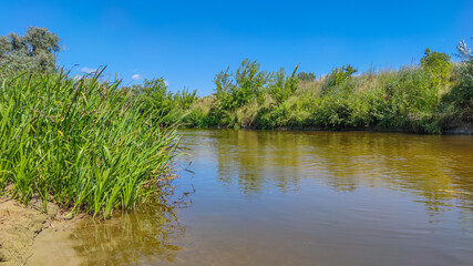 Fototapeta premium Landscape with a lake and clouds in the sky in the summer season