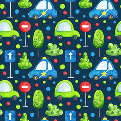 Watercolor cars on blue background seamless pattern. Cartoon transport repeat print. Road traffic background for nursery, children, textile, fabric, wallpaper, wrapping paper and decoration.