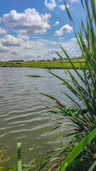 Obraz premium Landscape with a lake and clouds in the sky in the summer season