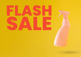 Creative flash sale idea. Pink window cleaner against yellow background. Advertisement idea. Minimal banner ad concept. Abstract 3D Background Art.