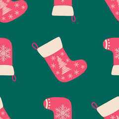 Christmas and New Year seamless pattern with sock