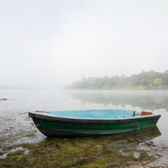 Landscape of Sava river in autumn, moored green boat in shallow water surrounded with algae during beautiful misty morning