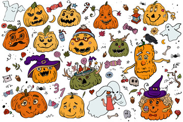 Pumpkins and Ghosts Vector Doodle Illustration Large Set Halloween