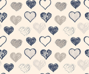 Heart seamless pattern. Oil pastel painting. Grunge blue hearts on beige background. Vector illustration, Crayon picture