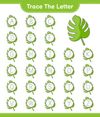 Trace the letter. Tracing letter with Monstera. Educational children game, printable worksheet, vector illustration