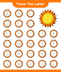 Trace the letter. Tracing letter with Sun. Educational children game, printable worksheet, vector illustration