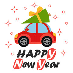 Merry christmas and happy new year illustrations. Greeting card with red retro car with christmas tree