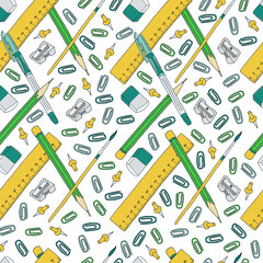 Back to school in doodle style. Seamless pattern for school and work. Stationery: ruler, pen, pencil, paper clips. A vector image.