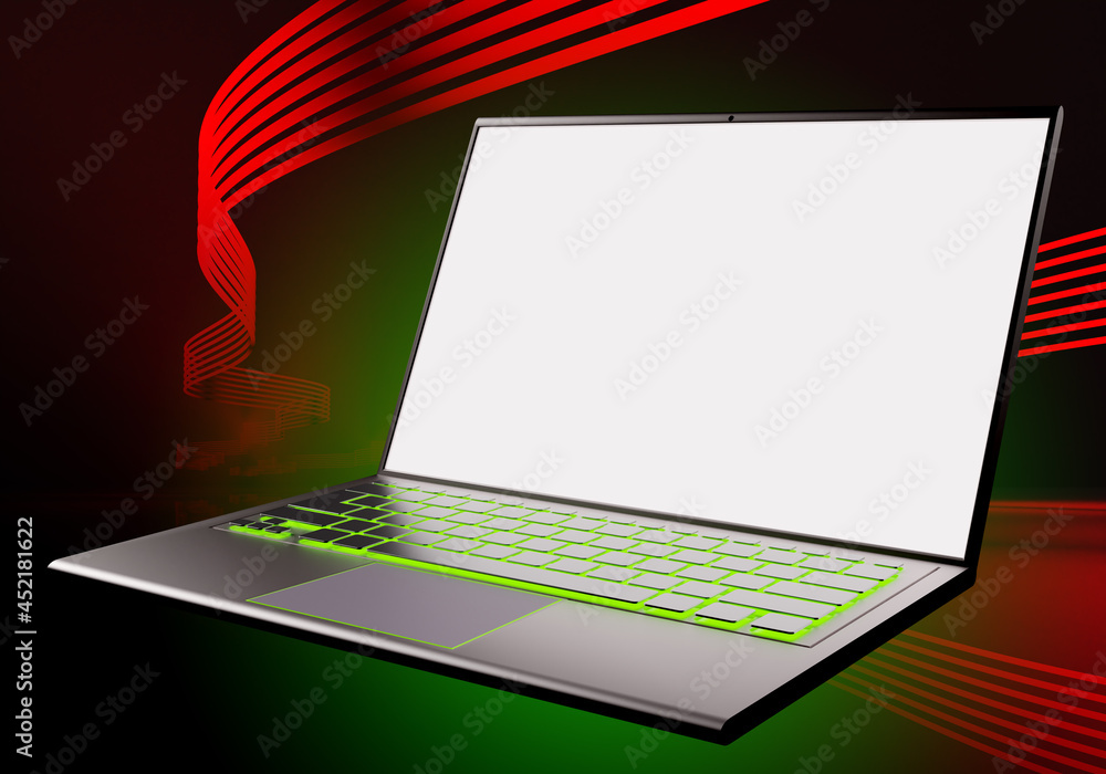 Poster laptop mockup with blank screen. white computer screen. laptop design mockup on abstract background.