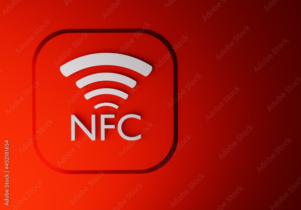 Aufkleber nfc logo on red background. three-dimensional nfc tag. tag for nfc communication. near field communi