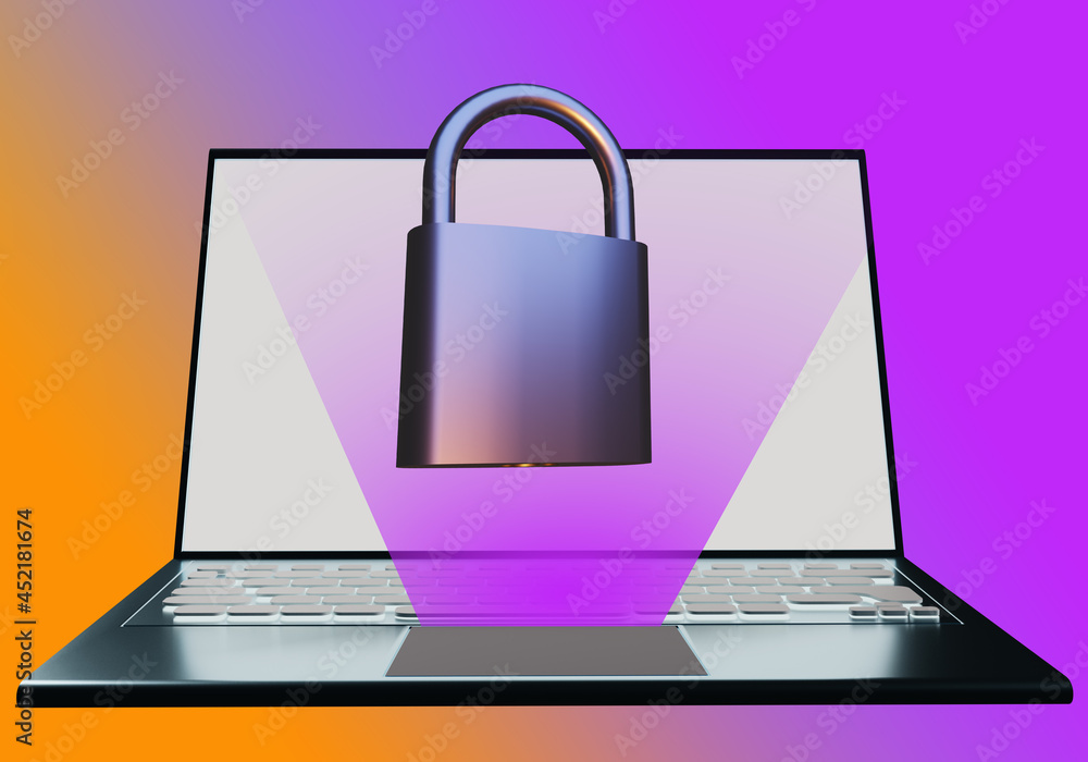 Poster lock next to computer screen. lock as metaphor for security software. computer security software. co