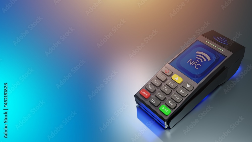 Poster payment nfc terminal. bank terminal with nfc security. nfc terminal visualization. cash register for