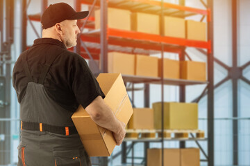 Warehouse worker. Man stands next to warehouse shelving. Warehouse employee with his back to...