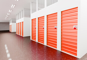Warehouse premises with red doors. Internal units. Corridor with storage units. Cells for self storage units. Leased storage space concept. Safekeeping cells for personal items. 3d illustration