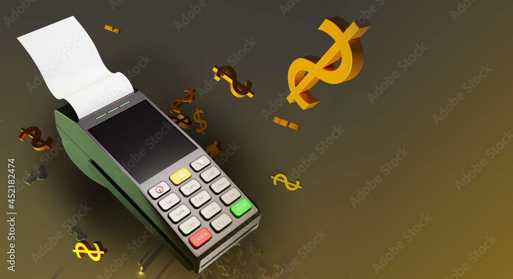 Poster payment terminal on dark background. three-dimensional payment terminal. banking terminal next to do