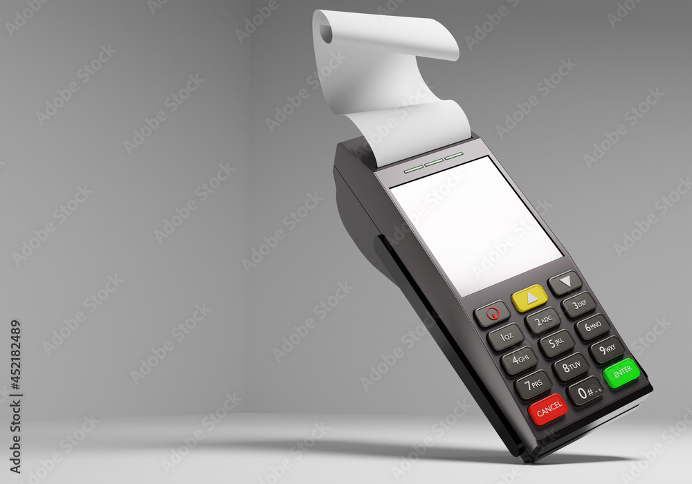 Poster payment terminal. bank terminal is floating in air. machine for accepting bank cards. device for wit