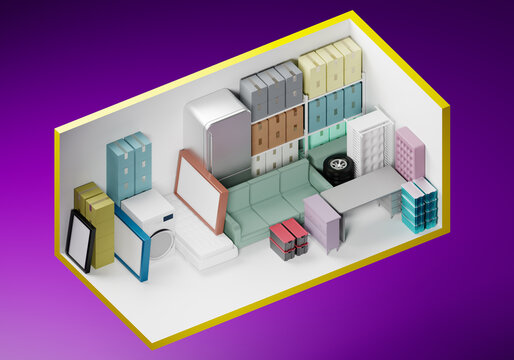 Storage Units 10 by 20 feet. Demonstration of storage space capacity. Storage space cutaway. Warehouse container with furniture and personal belongings. Home furniture in stock. 3d image.
