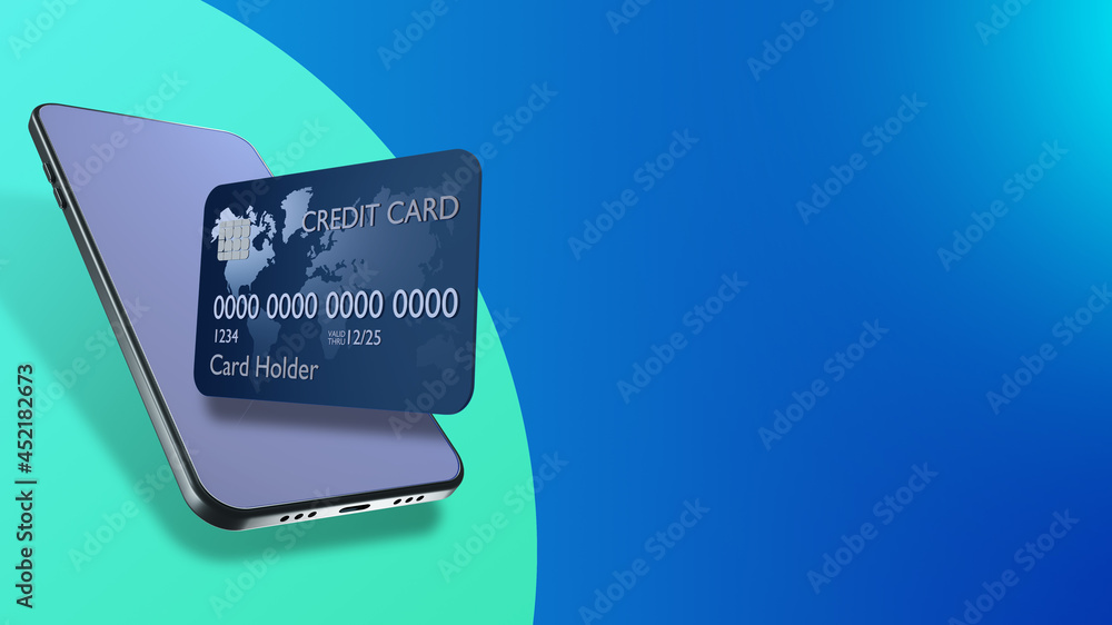 Poster credit card next to phone. concept - banking application in cellphone. fin tech applications. fin te