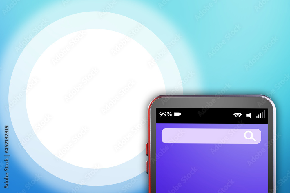 Poster phone mockup. fragment of phone on abstract background. copy space next to phone. search string in c