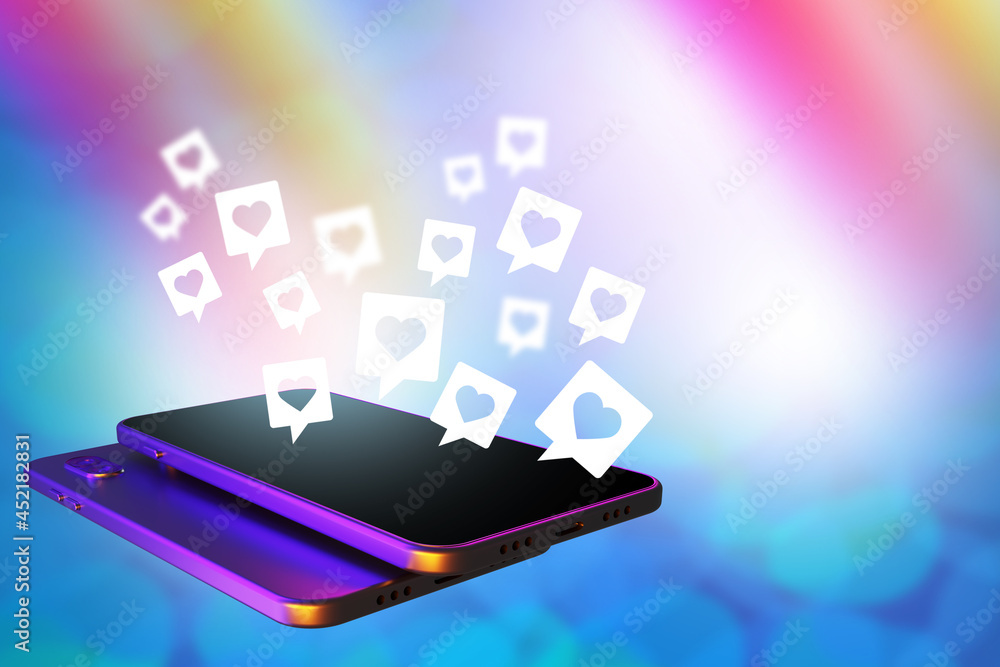 Aufkleber social networks concept. hearts over smartphone. like icons as metaphor for social media networks . 