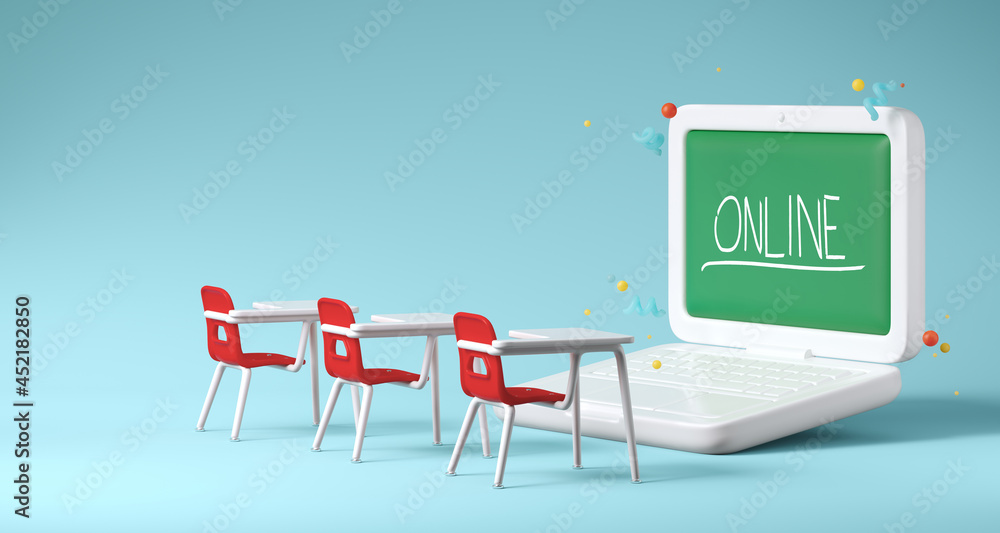 Poster minimal background for online education concept. lecture school chair and laptop with blackboard on 