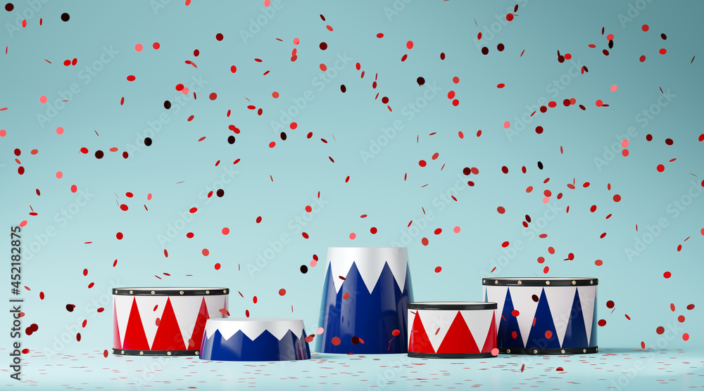 Poster minimal mock up background for celebrate and festival concept. circus stage with golden falling conf