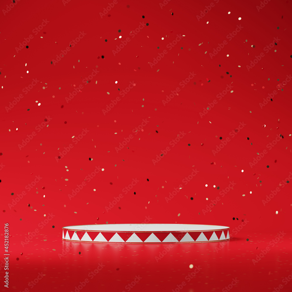 Poster minimal mock up background for celebrate and festival concept. circus stage with golden falling conf