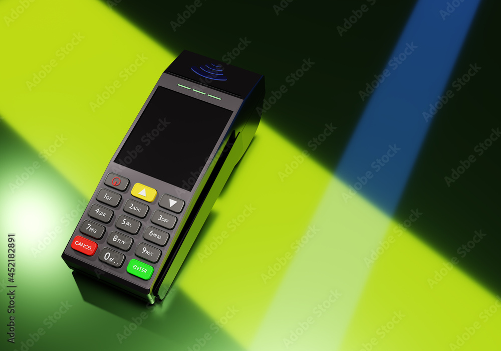 Poster detailed bank terminal. three-dimensional model of banking terminal. mockup of device for card payme