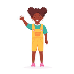 Little black girl smiling and waving hand. Greeting gesture. Elementary school student, kindergarten pupil. Vector illustration