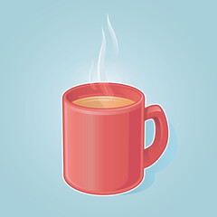 A red mug of comforting, steaming hot tea, coffee or hot chocolate
