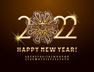 Vector Greeting Card Happy New Year 2022! With decorative brilliant jewels Flower. Gold Alphabet Letters and Numbers set. Shiny rich Font