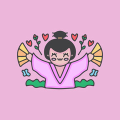 kawaii geisha holding hand fan. illustration for t shirt, poster, logo, sticker, or apparel merchandise.