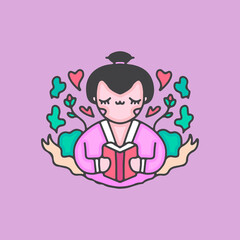 kawaii japanese geisha reading a book. illustration for t shirt, poster, logo, sticker, or apparel merchandise.