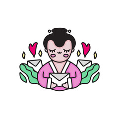 kawaii geisha holding letters. illustration for t shirt, poster, logo, sticker, or apparel merchandise.